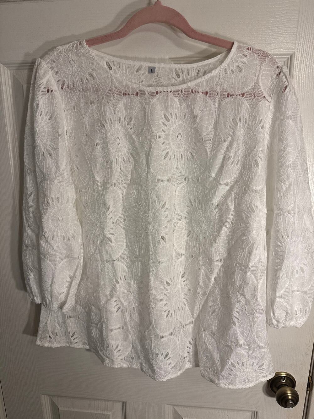 WIHOLL White Floral Lace 3/4 Sleeve Blouse L